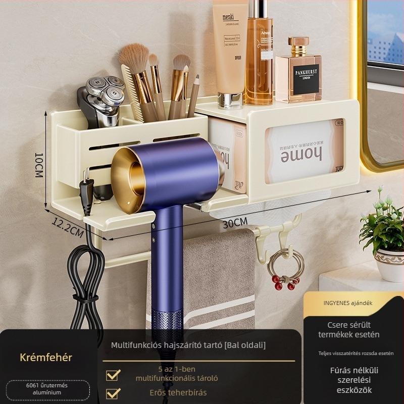 Hajszárító tartó integrált törölköző- és zsebkendő tárolóval – furat nélküli szerelés, alumínium ötvözet, teherbírás 30 kg