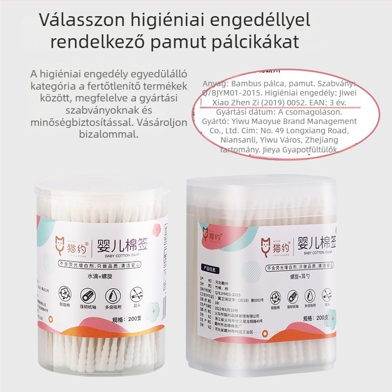 Csecsemőknek készült pamut tampontollal és dupla fejű kanalas fej a fültisztítására és az orr tisztítására – 100% pamut, egyrétegű, 120 darabos doboz