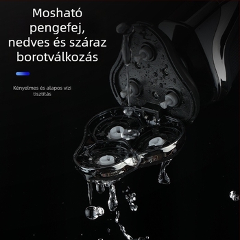 Elektromos borotva lebegő fejű 3 pengével, levehető és mosható vágófej, beépített akkumulátor 300–500 mAh, üzemidő 60 perc, töltési idő 1 óra