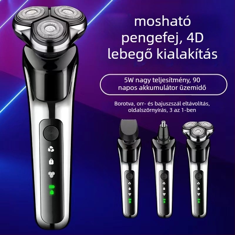 Elektromos borotva lebegő fejű 3 pengével, levehető és mosható vágófej, beépített akkumulátor 300–500 mAh, üzemidő 60 perc, töltési idő 1 óra
