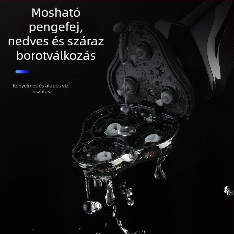 Elektromos borotva lebegő fejű 3 pengével, levehető és mosható vágófej, beépített akkumulátor 300–500 mAh, üzemidő 60 perc, töltési idő 1 óra