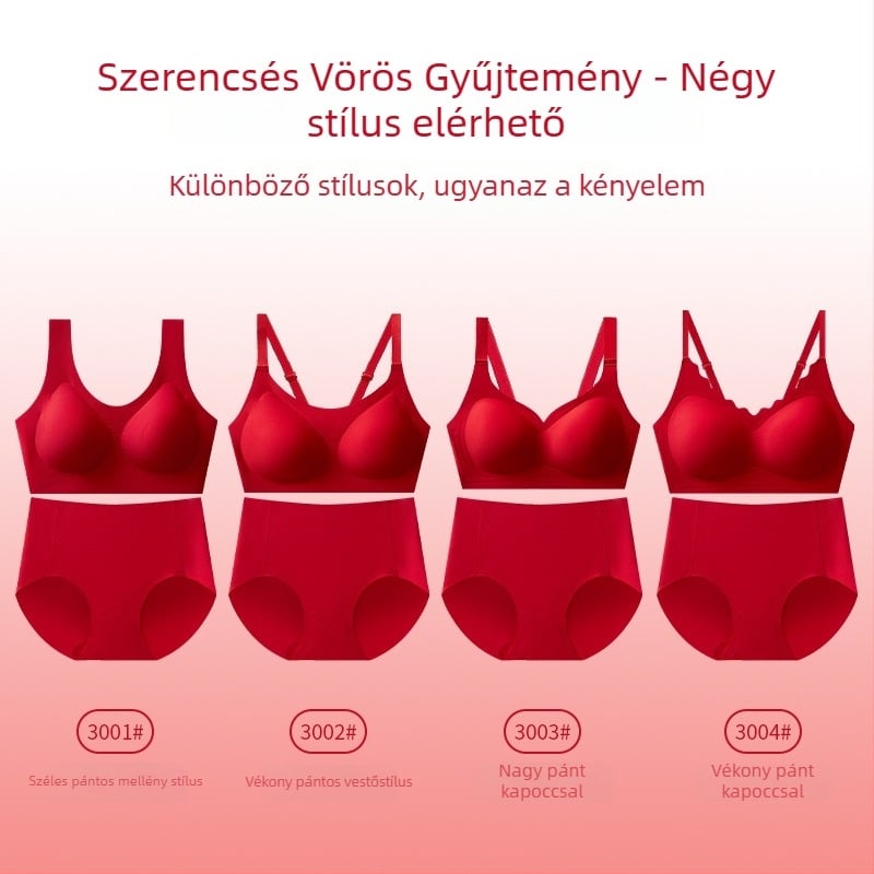 Piros, seamless melltartó és alsónemű készlet, esküvői fehérnemű, 3/4 kosár