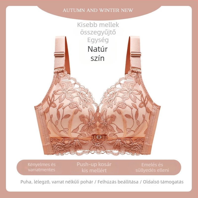 Női melltartó acélgyűrű nélküli, lélegző, csipkés hímzett push-up, állítható pántok