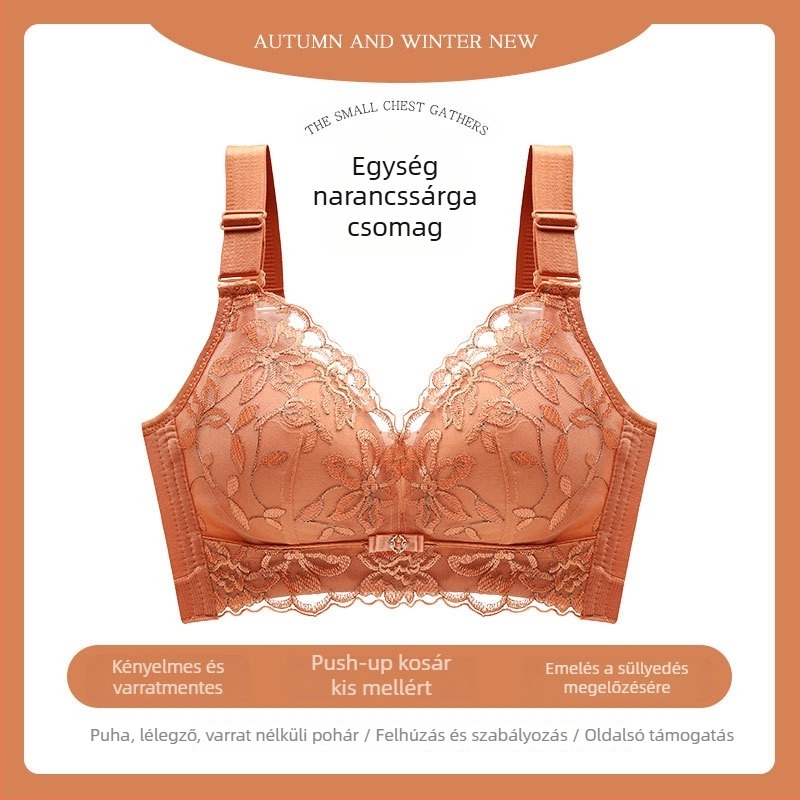 Női melltartó acélgyűrű nélküli, lélegző, csipkés hímzett push-up, állítható pántok