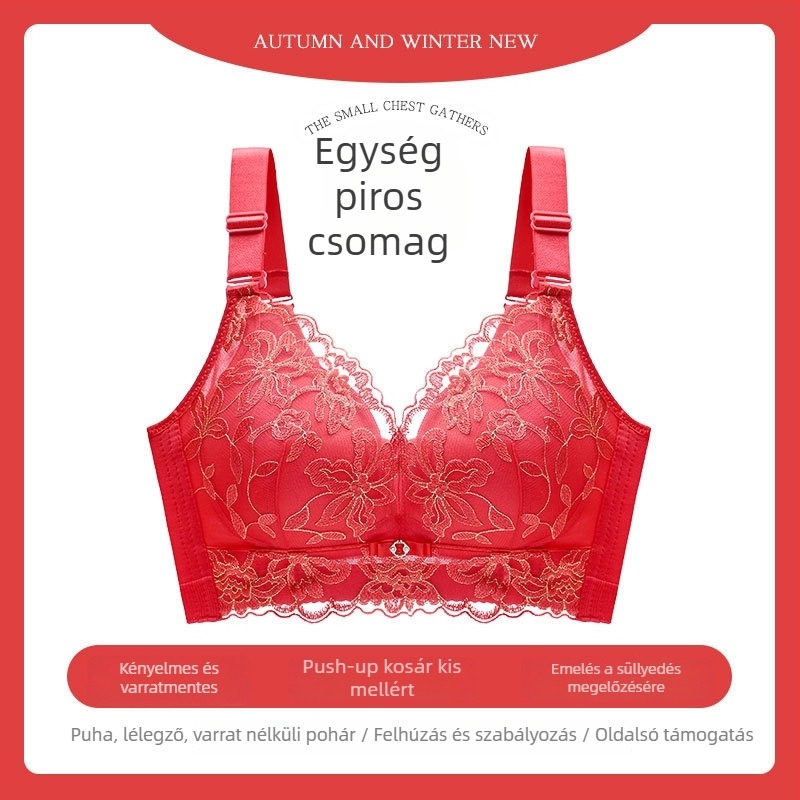 Női melltartó acélgyűrű nélküli, lélegző, csipkés hímzett push-up, állítható pántok