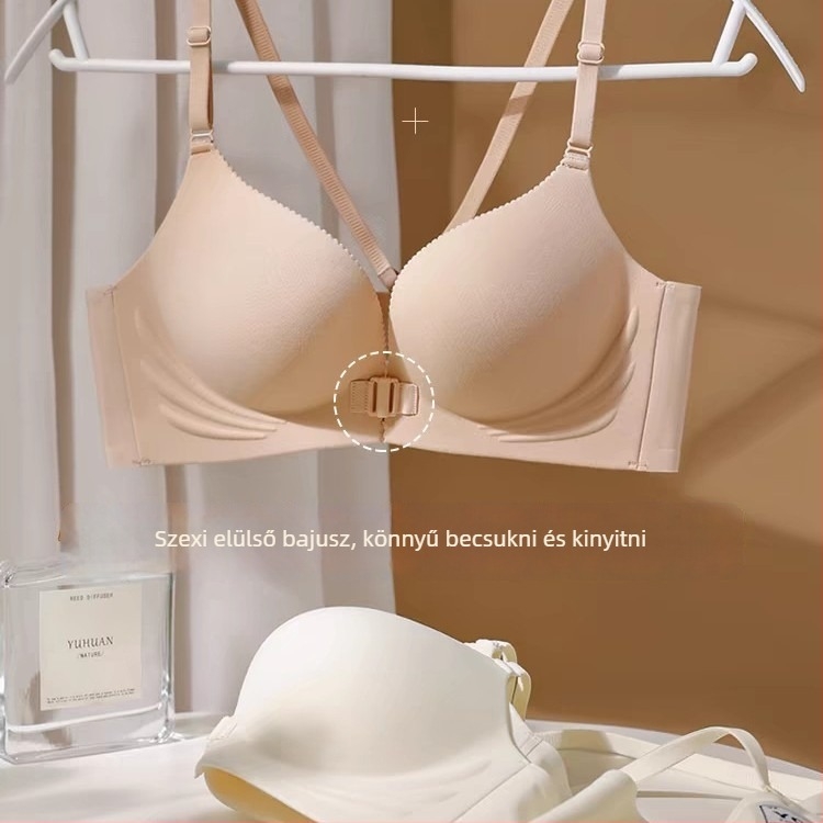 Mély V-nyakú, seamless melltartó elöl zárható, kis mellhez, push-up, hátsó tartás, acélgyűrű nélkül