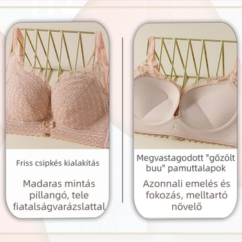 Csipkés push-up melltartó, 3/4-kupa, fő anyag: nylon, bélés Spandex 22%, rögzített dupla vállpánt, hátul három sor csatos zárás