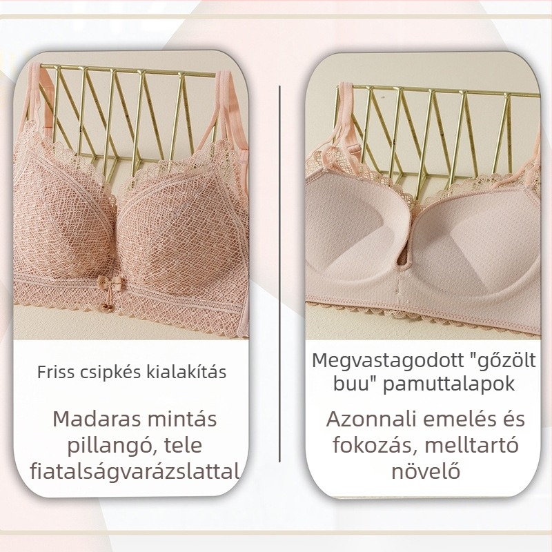 Csipkés push-up melltartó, 3/4-kupa, fő anyag: nylon, bélés Spandex 22%, rögzített dupla vállpánt, hátul három sor csatos zárás