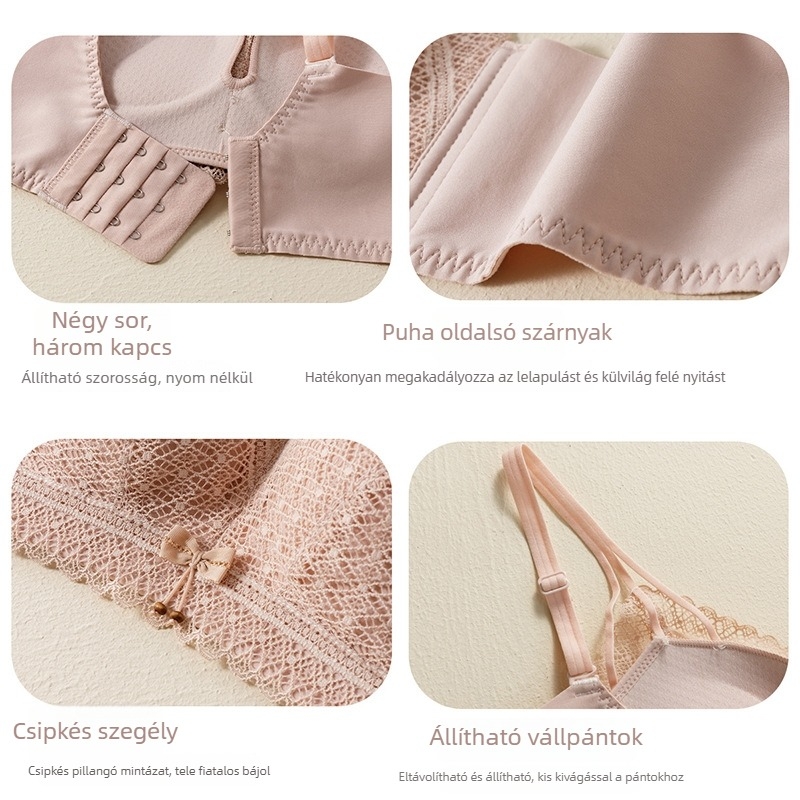 Csipkés push-up melltartó, 3/4-kupa, fő anyag: nylon, bélés Spandex 22%, rögzített dupla vállpánt, hátul három sor csatos zárás