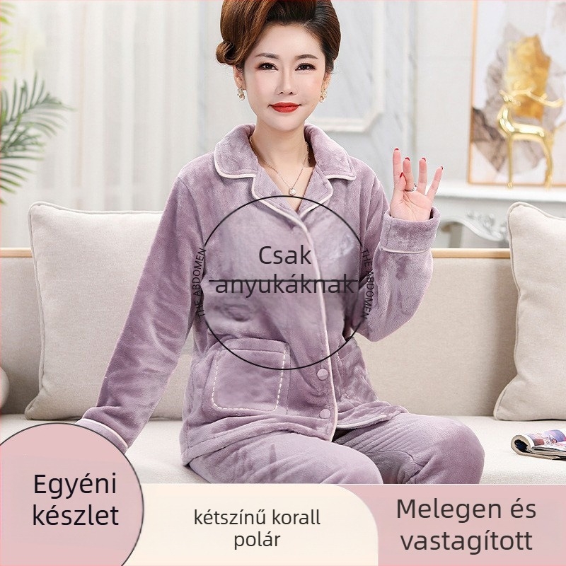 Női téli pizsama szett coral fleece anyagból, vastag, négyzet alakú gallér, hosszú ujjú, poliészter