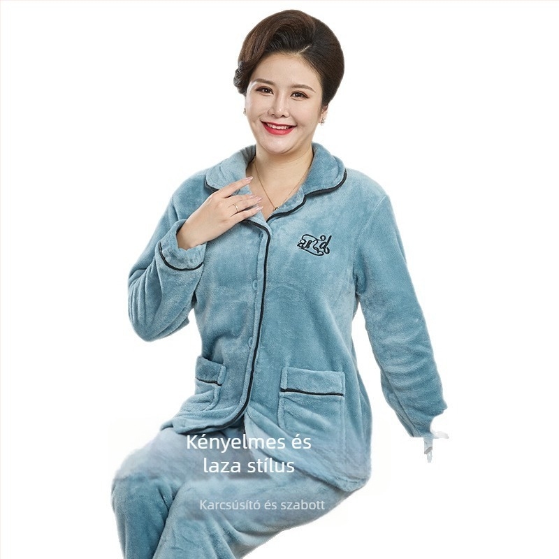 Női téli pizsama szett coral fleece anyagból, vastag, négyzet alakú gallér, hosszú ujjú, poliészter