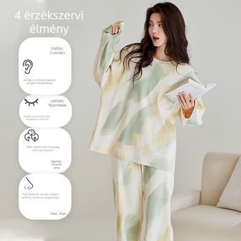 Női 100% pamut pizsama készlet hosszú ujjú felsővel és nadrággal, kerek nyakkal, légáteresztő és kényelmes, közepes sűrűségű anyag, alkalmas tavaszra és őszre (161-180 g/m2).