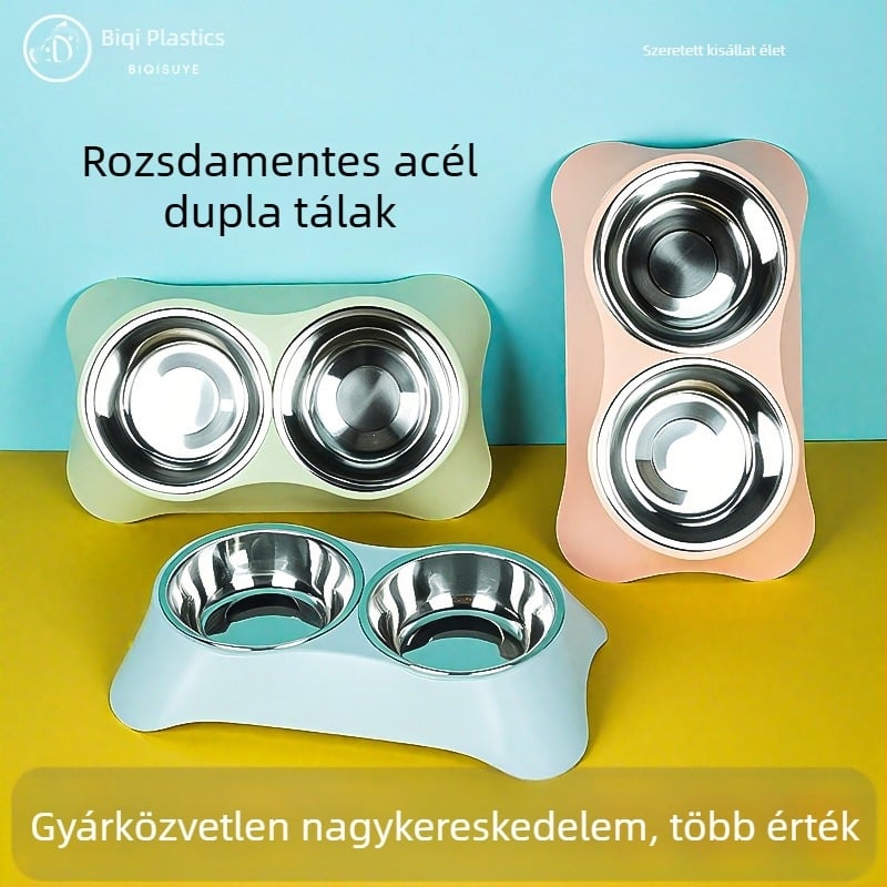 Dupla tál háziállatoknak rozsdamentes acélból, integrált kialakítás, csöpögés elleni dizájn, macska- és kutyáknak