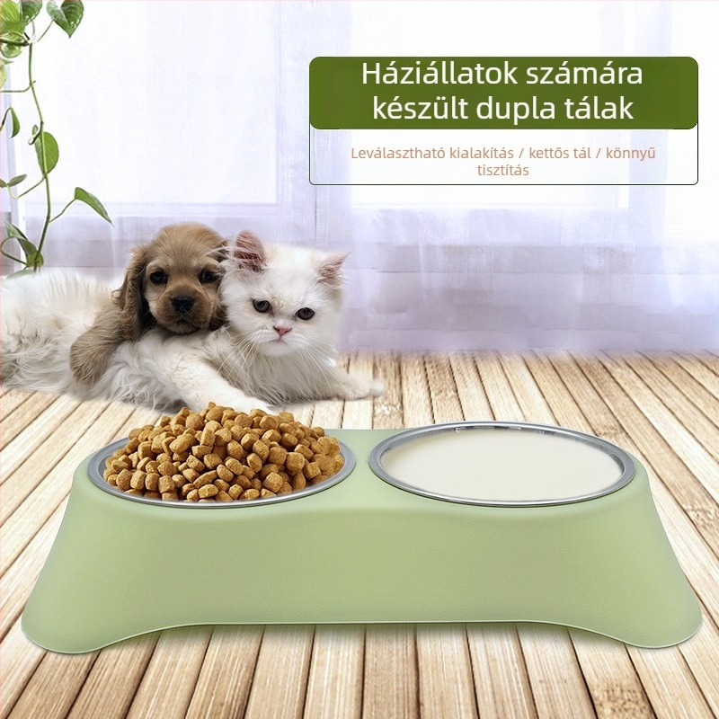 Dupla tál háziállatoknak rozsdamentes acélból, integrált kialakítás, csöpögés elleni dizájn, macska- és kutyáknak