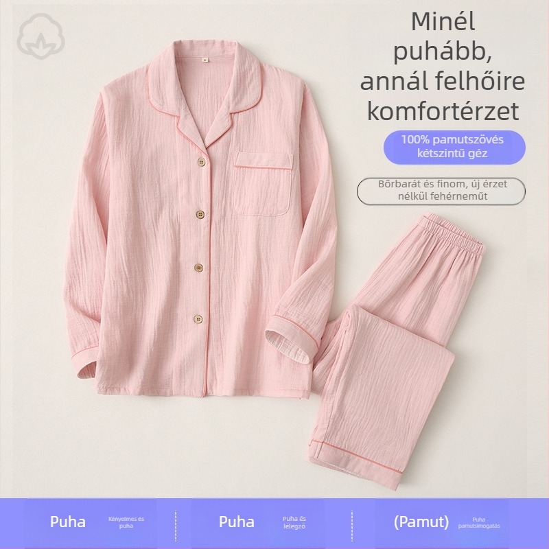 Otthoni pamut pizsama szett - 100% pamut, hosszú ujjú, nadrágos, egyszerű, hétköznapi stílus, közepes súlyú anyag (181-200 g/m²)