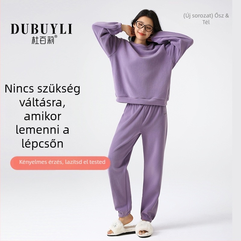 Női polár fleece pizsamaszett, kerek nyakú pulóver felső, hosszú ujjú, fleece-béléssel, 90–95% poliészter