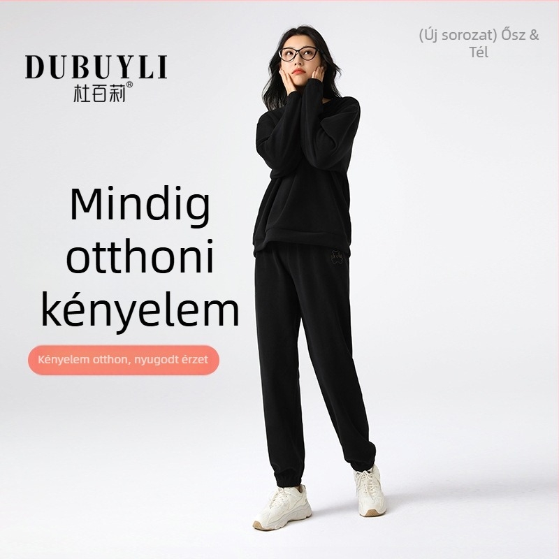 Női polár fleece pizsamaszett, kerek nyakú pulóver felső, hosszú ujjú, fleece-béléssel, 90–95% poliészter