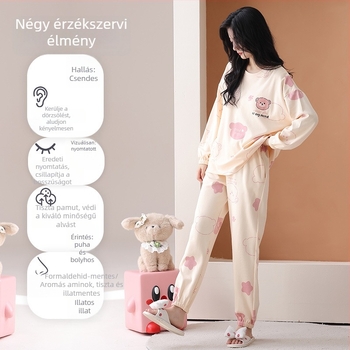 Női pizsama 100% pamutból, két részes készlet, hosszú ujjú felső, kerek nyakú felső, nadrág, édes és bájos stílus