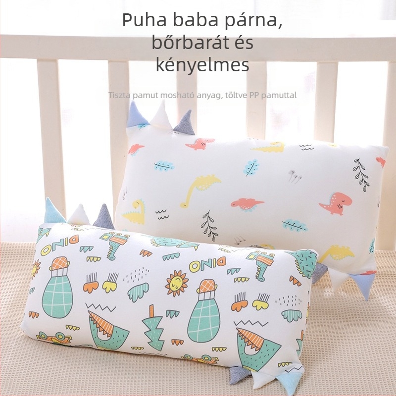 Gyerekeknek szóló párna, téglalap alakú, bambuszrost és pamut töltet, alacsony profil 1–5 cm, rajzfilm-stílus