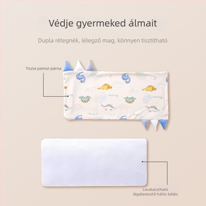 Gyerekeknek szóló párna, téglalap alakú, bambuszrost és pamut töltet, alacsony profil 1–5 cm, rajzfilm-stílus