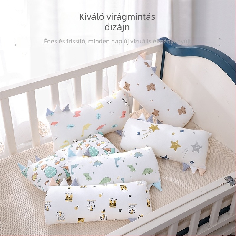 Gyerekeknek szóló párna, téglalap alakú, bambuszrost és pamut töltet, alacsony profil 1–5 cm, rajzfilm-stílus