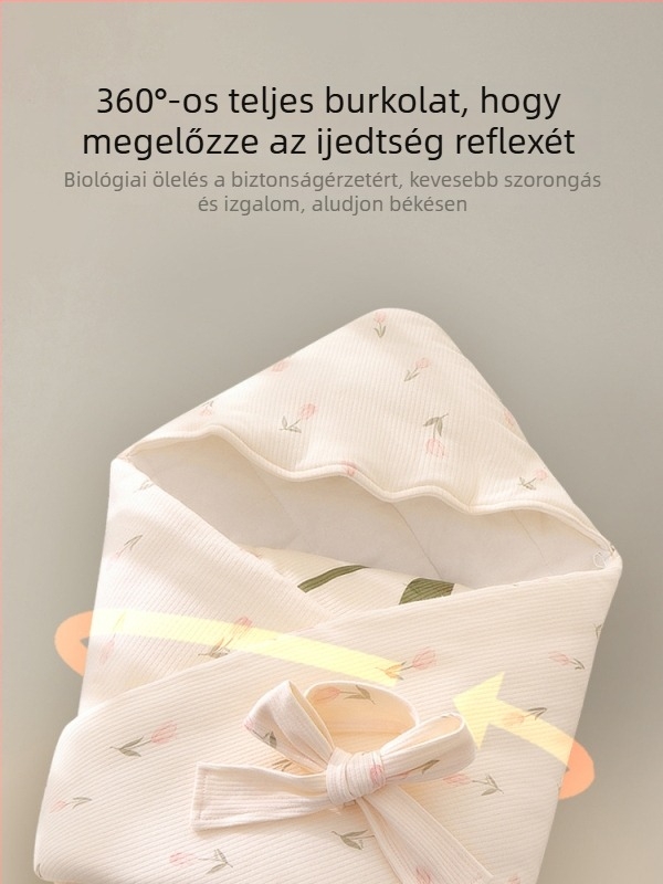 Újszülött ölelős kendő, 100% pamut, őszi-téli használatra, mintázat: karikatúra és virágok, 0–3 éveseknek.