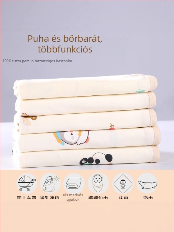 Pamut swaddle kendő újszülötteknek, mesefigurás mintával, egész éves használatra, 95% feletti pamut, 0–12 hónapos korosztály