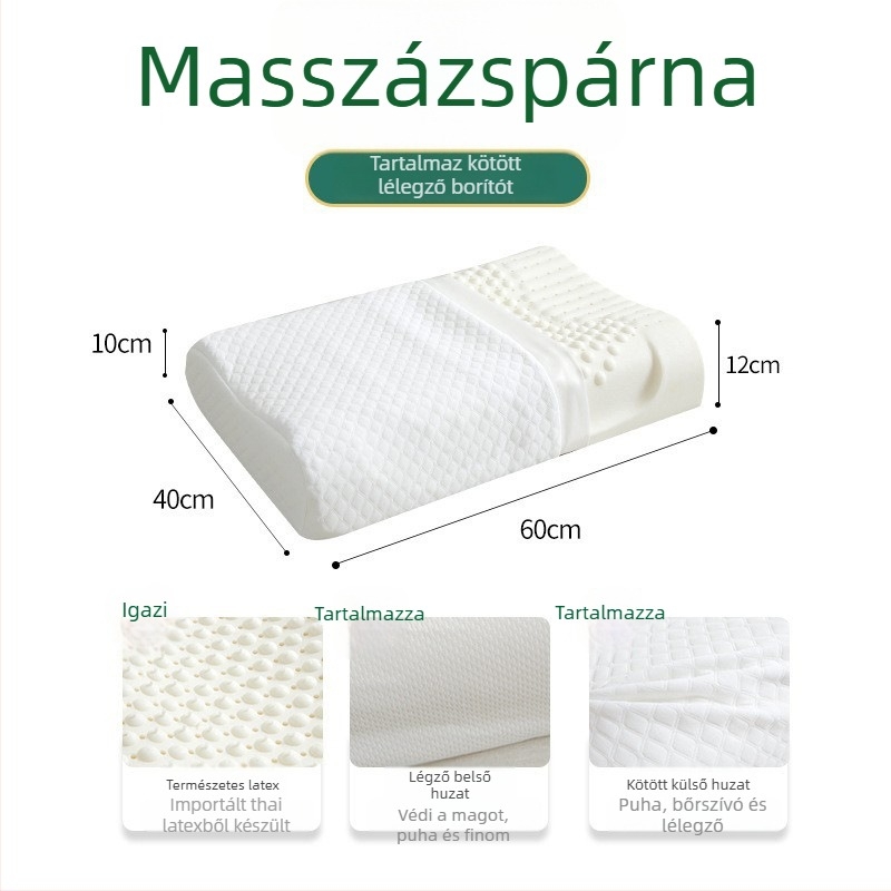 Latex nyakpárna, téglalap alakú, kötött mag, természetes latex >90%, testreszabás elérhető