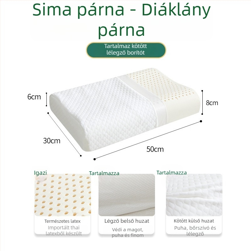 Latex nyakpárna, téglalap alakú, kötött mag, természetes latex >90%, testreszabás elérhető