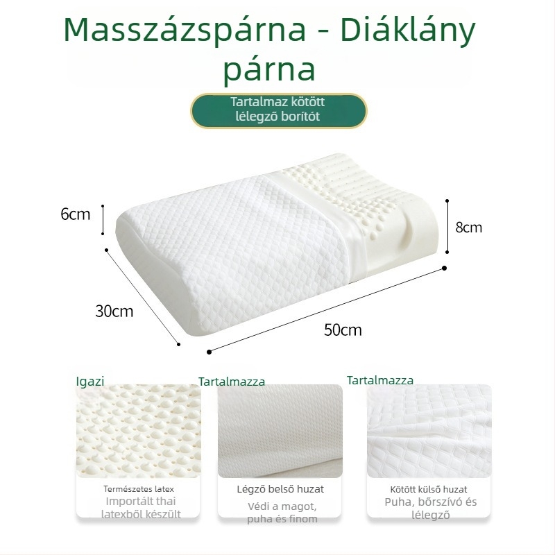 Latex nyakpárna, téglalap alakú, kötött mag, természetes latex >90%, testreszabás elérhető
