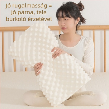 Természetes latex párna farkasfog alakú, 1.0–1.5 kg, kötött huzat, latex-tartalom 90%+, nyaki gerinc támogatás, minden évszakra