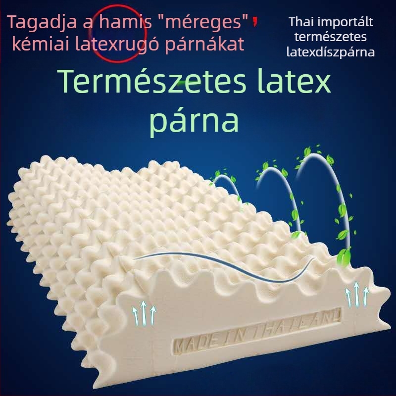 Természetes latex párna farkasfog alakú, 1.0–1.5 kg, kötött huzat, latex-tartalom 90%+, nyaki gerinc támogatás, minden évszakra