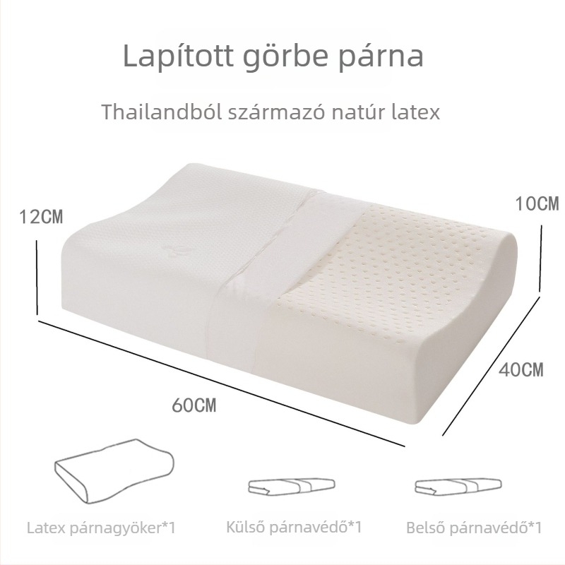 Természetes latex párna farkasfog alakú, 1.0–1.5 kg, kötött huzat, latex-tartalom 90%+, nyaki gerinc támogatás, minden évszakra
