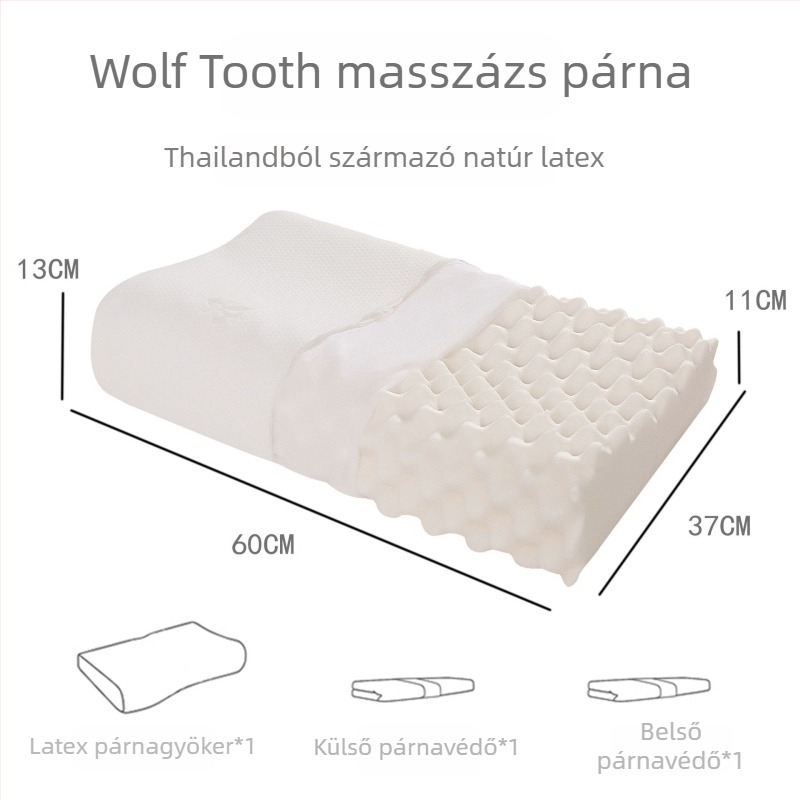 Természetes latex párna farkasfog alakú, 1.0–1.5 kg, kötött huzat, latex-tartalom 90%+, nyaki gerinc támogatás, minden évszakra