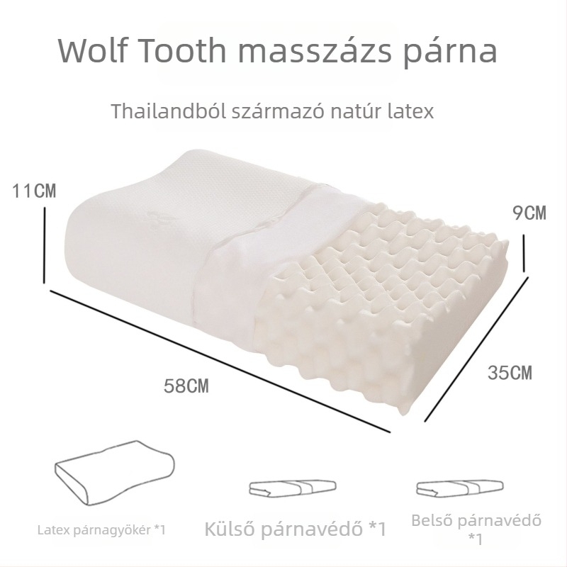 Természetes latex párna farkasfog alakú, 1.0–1.5 kg, kötött huzat, latex-tartalom 90%+, nyaki gerinc támogatás, minden évszakra