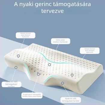 Természetes latexből készült pillangó alakú nyaki párna konkáv kontúrral, a nyak támasztására, felnőtteknek; magasság 5–10 cm, súly 1.0–1.5 kg.