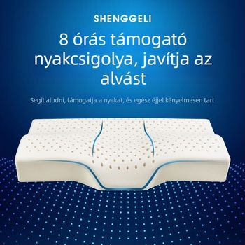 Természetes latexből készült pillangó alakú nyaki párna konkáv kontúrral, a nyak támasztására, felnőtteknek; magasság 5–10 cm, súly 1.0–1.5 kg.