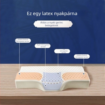Természetes latexből készült pillangó alakú nyaki párna konkáv kontúrral, a nyak támasztására, felnőtteknek; magasság 5–10 cm, súly 1.0–1.5 kg.