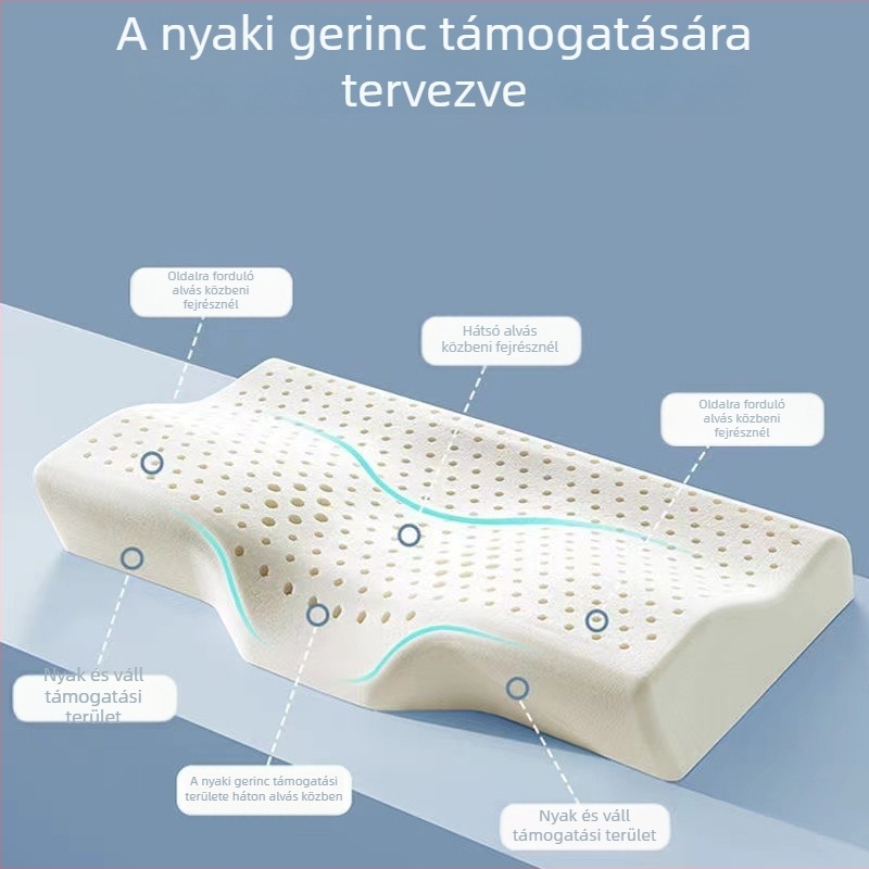 Természetes latexből készült pillangó alakú nyaki párna konkáv kontúrral, a nyak támasztására, felnőtteknek; magasság 5–10 cm, súly 1.0–1.5 kg.