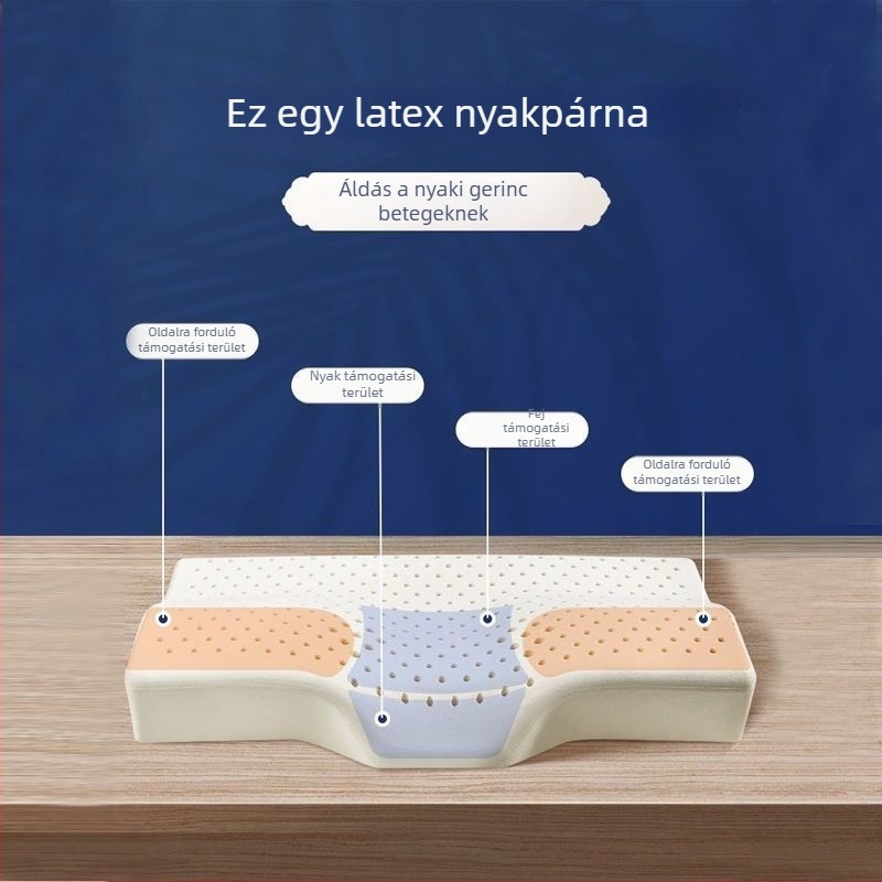 Természetes latexből készült pillangó alakú nyaki párna konkáv kontúrral, a nyak támasztására, felnőtteknek; magasság 5–10 cm, súly 1.0–1.5 kg.