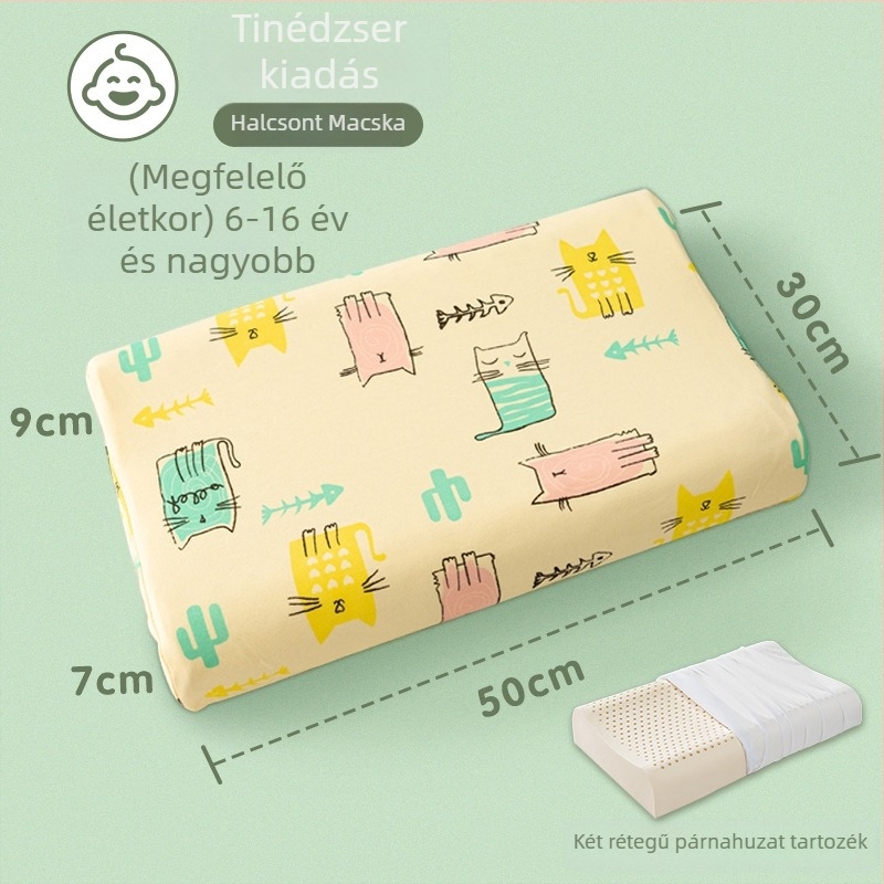 Gyerekeknek készült természetes latex párna, 90%+ latex tartalom, téglalap alakú, pamut huzattal, súly 1,0–1,5 kg, alkalmas gyerekeknek és babáknak