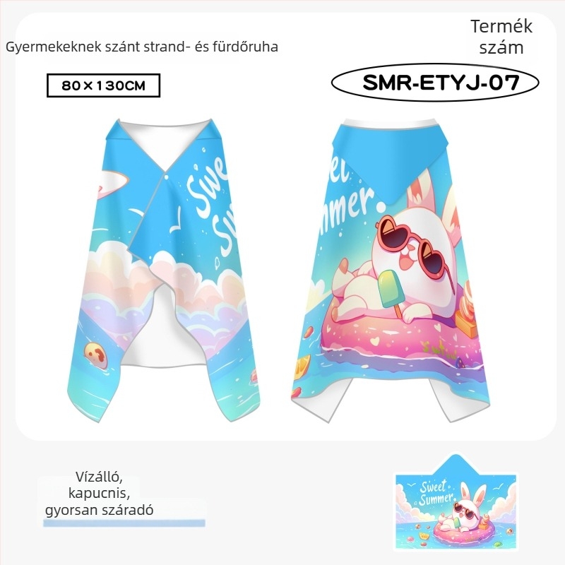 Gyerekeknek gyorsan száradó köpeny-törölköző úszáshoz, dupla oldalas velúr, 200–300 g