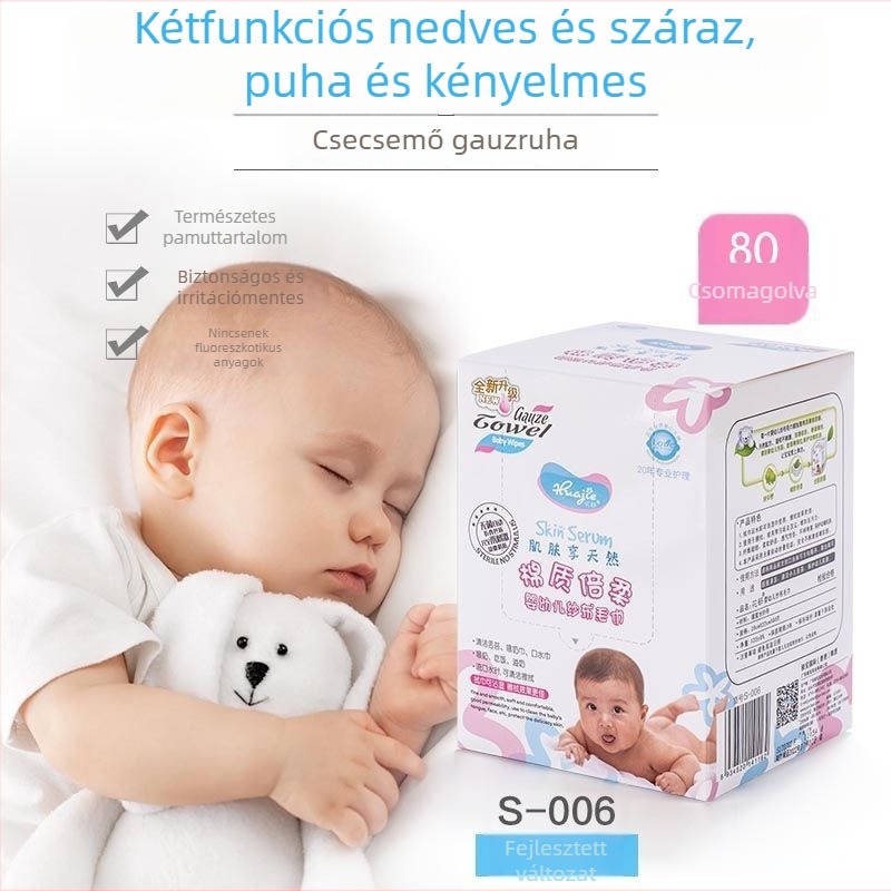 Baba géz törölközők száraz–nedves használatra, puha pamut géz, 32s fonal, egyszerű szövés, 80 db