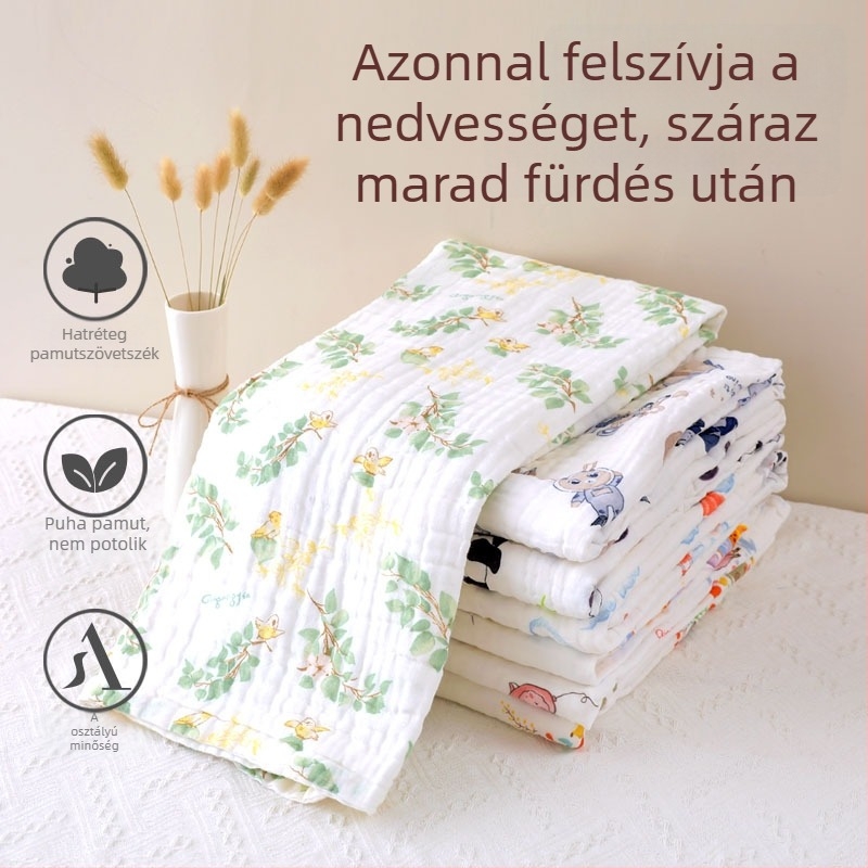 Hatrétegű géz baba fürdőtörölköző, pamut géz, 0–3 éveseknek, nedvszívó, kézzel rajzolt mintával, Osztály A