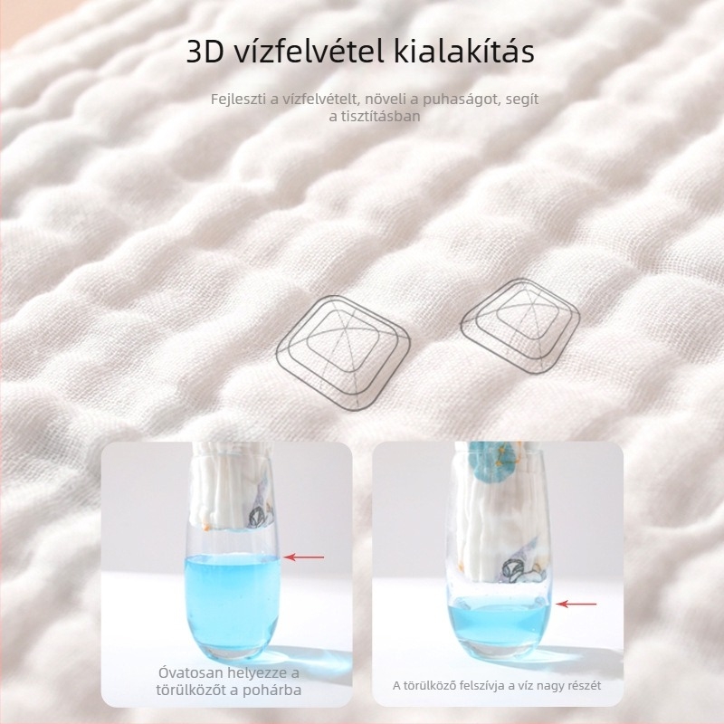 Hatrétegű géz baba fürdőtörölköző, pamut géz, 0–3 éveseknek, nedvszívó, kézzel rajzolt mintával, Osztály A