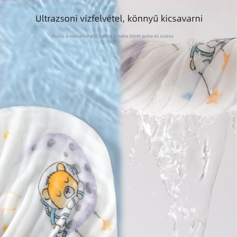 Hatrétegű géz baba fürdőtörölköző, pamut géz, 0–3 éveseknek, nedvszívó, kézzel rajzolt mintával, Osztály A