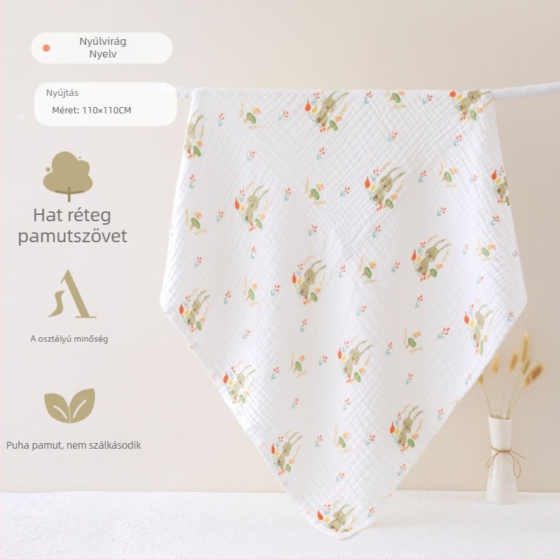 Hatrétegű géz baba fürdőtörölköző, pamut géz, 0–3 éveseknek, nedvszívó, kézzel rajzolt mintával, Osztály A