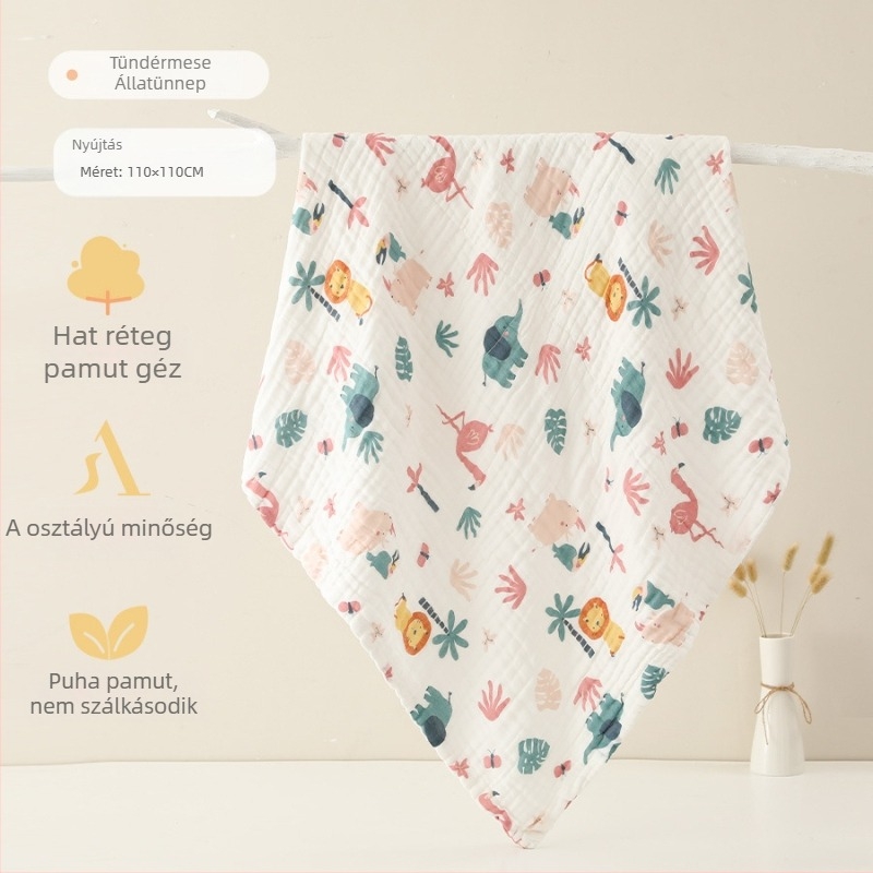 Hatrétegű géz baba fürdőtörölköző, pamut géz, 0–3 éveseknek, nedvszívó, kézzel rajzolt mintával, Osztály A