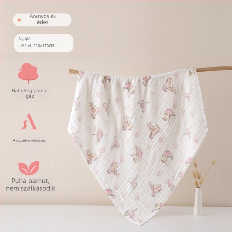 Hatrétegű géz baba fürdőtörölköző, pamut géz, 0–3 éveseknek, nedvszívó, kézzel rajzolt mintával, Osztály A