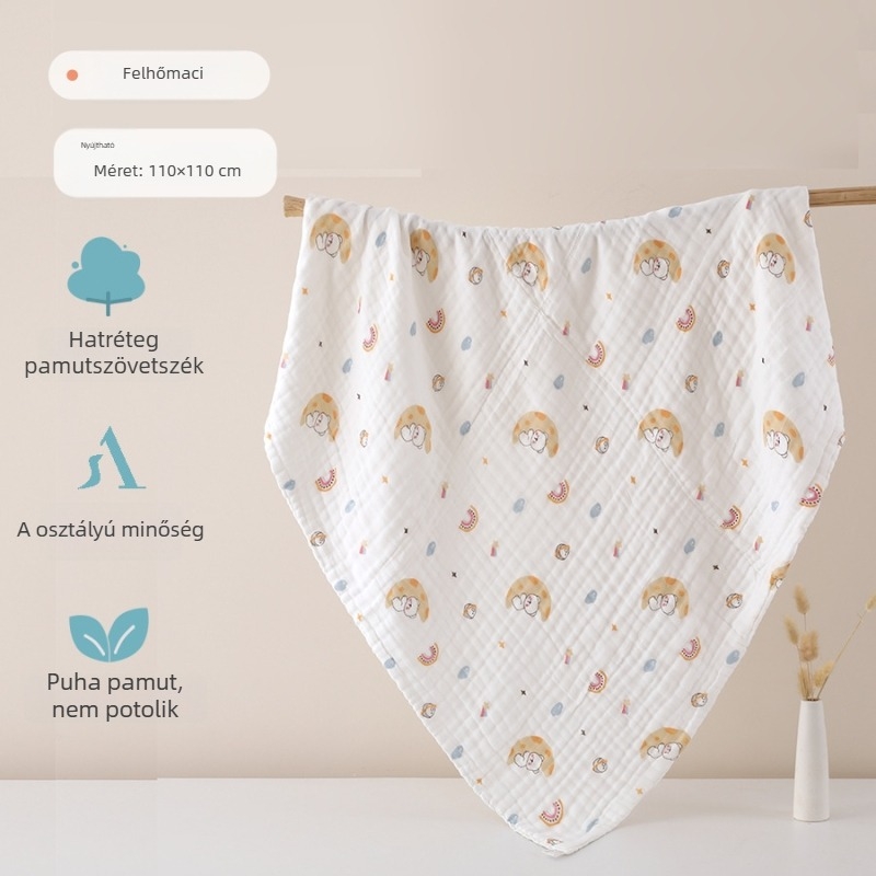 Hatrétegű géz baba fürdőtörölköző, pamut géz, 0–3 éveseknek, nedvszívó, kézzel rajzolt mintával, Osztály A